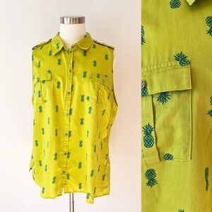 Jaclyn‎ Smith Lime Green Top Pineapple Novelty Print 100% Cotton